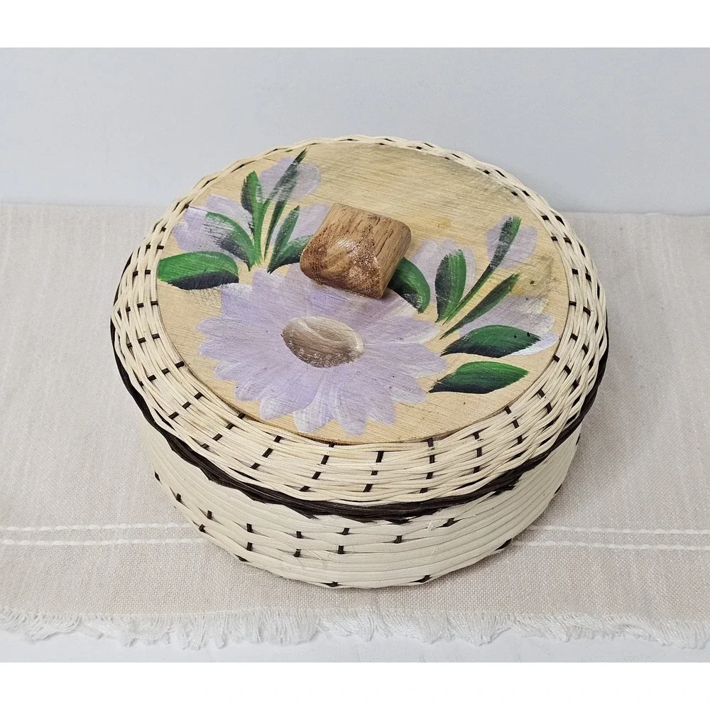 Vintage Wicker Insulated Purple Hand Painted Floral Tortilla Warmer 8